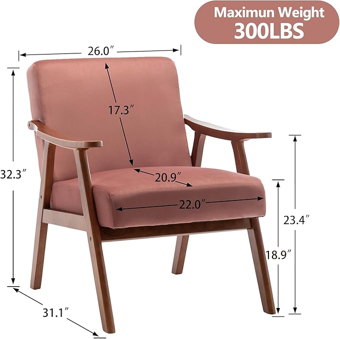 Fefances Mid-Century Modern Accent Chair - Solid Wood Frame Ultra-Thick Backrest Wingback Design Perfect for Bedroom &amp Indoor Lounge AreaPink