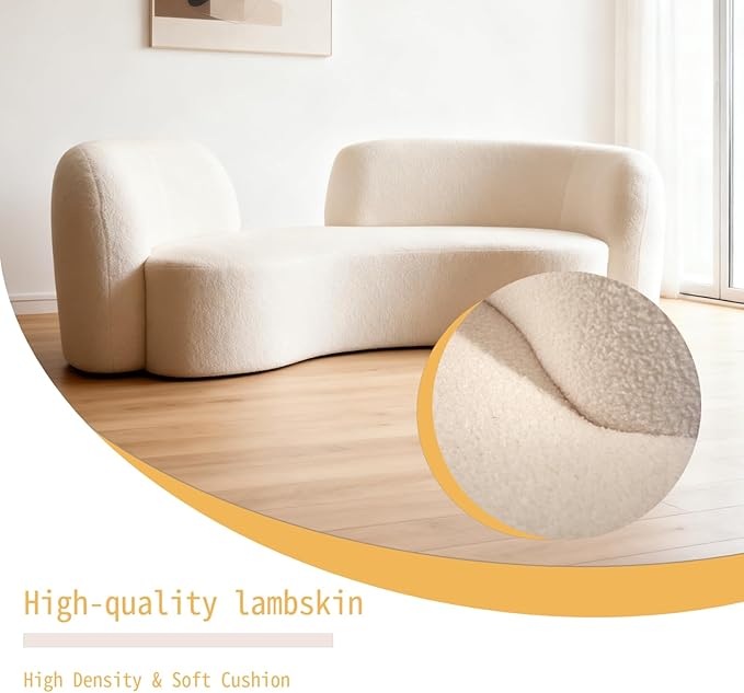 Curved couches for Living Room 2-Seat Luxury Couch 68'' Solid Wood and High-Density Foam Lamb Fleece for Small Space Bedroom Apartment Home Office White
