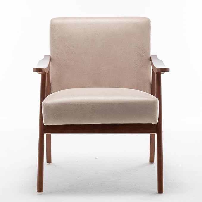 Mid Century Modern Accent Chair with Solid Wood Frame Fabric Microfiber Upholstered Armchair for Bedroom Reading Room Living Room and Lounge Light Camel