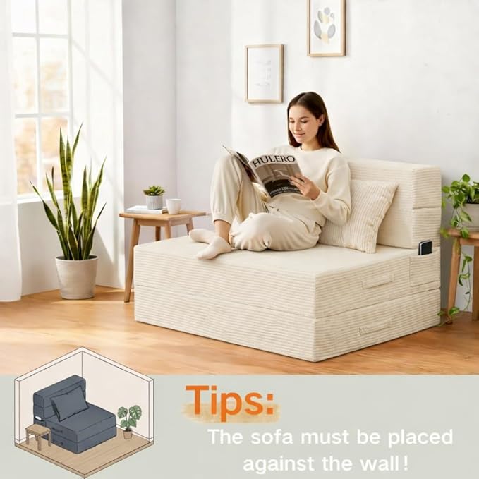 Folding Sofa Bed 4 in 1 Convertible Sleeper Chair with Pillow Twin Memory Foam Fold Out Chair Bed Modern Floor Futon Sofa Couch Mattress for Living Room/Guest/Apartment Beige | Fold out chair bed