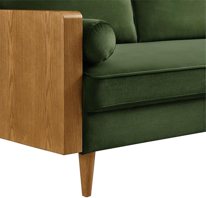 MAKLAINE Contemporary Vegan Leather Upholstered Loveseat Walnut Moss Green Finish Wood Veneer Armrests High-Density Foam Down Blend Cushions Tapered Wood Legs Mid Century Style for Living Room