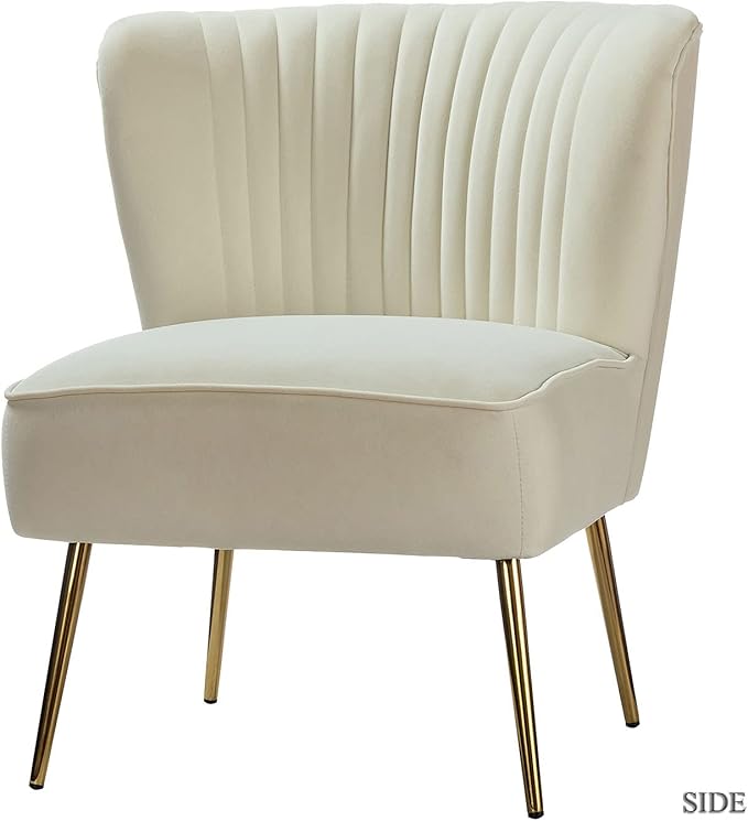 Tina's Home Modern Accent Chair Velvet Slipper Chair with Wingback Gold Legs Comfy Upholstered Fabric Armless Side Chair for Living Room Bedroom Vanity/Ivory