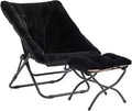 Oversized Folding Faux Fur Chair with Ottoman X-Large Soft Saucer Chair Foldable Metal Frame for Bedroom Living Room Balcony (Black)