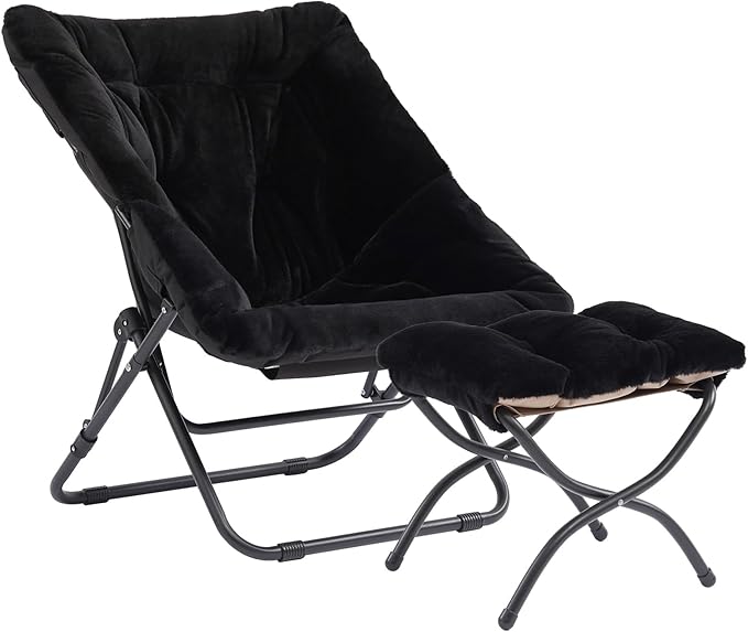 Oversized Folding Faux Fur Chair with Ottoman X-Large Soft Saucer Chair Foldable Metal Frame for Bedroom Living Room Balcony (Black)
