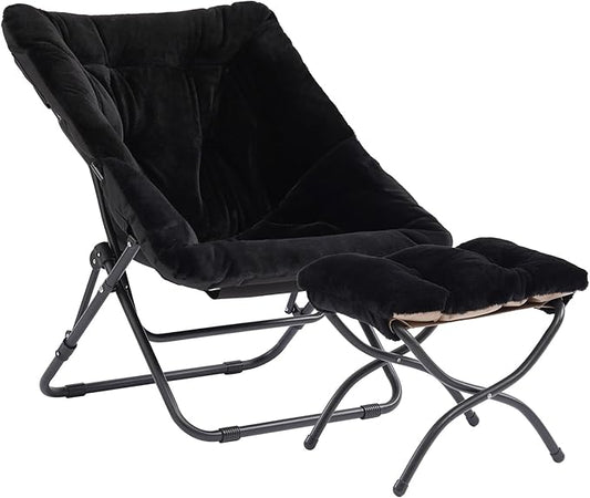 Oversized Folding Faux Fur Chair with Ottoman X-Large Soft Saucer Chair Foldable Metal Frame for Bedroom Living Room Balcony (Black)