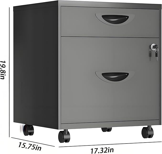 2 Drawer Under Desk File Cabinet Mobile File Cabinet with Lock Rolling Metal Pedestal Cabinet for Home Office Fits A4/Letter Size Files (Fully Assembled - Black)