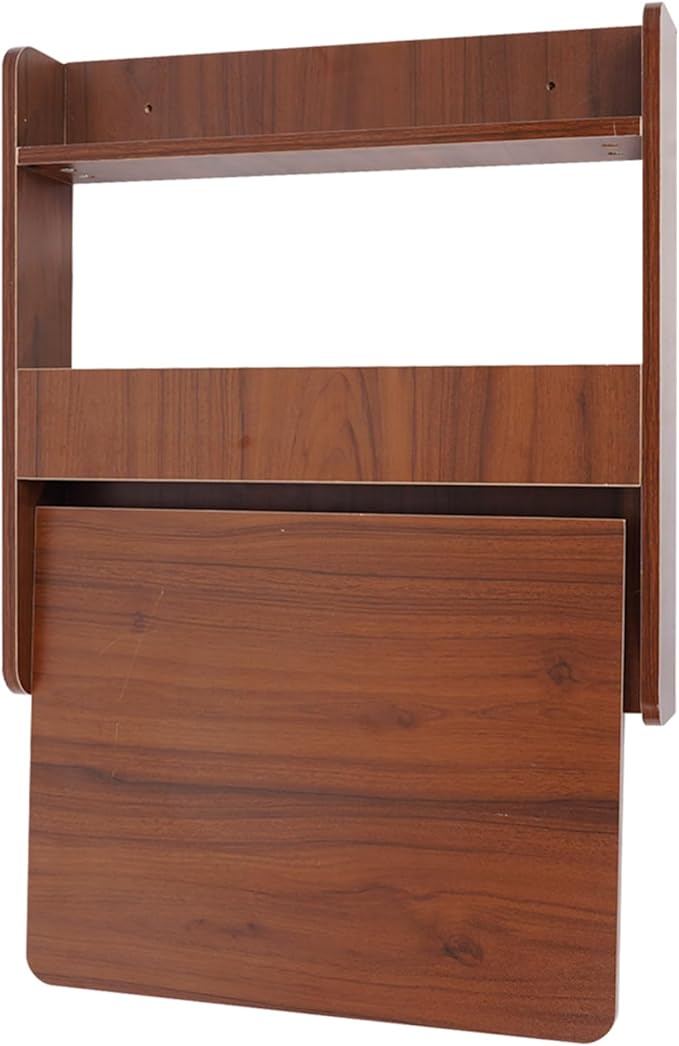 Wall Mounted Folding Table Solid Wood Floating Desk for Small Spaces with Storage Shelves Fold Down Laptop Desk Functional Hanging Bookshelf for Home Living Room Office (Walnut Color)