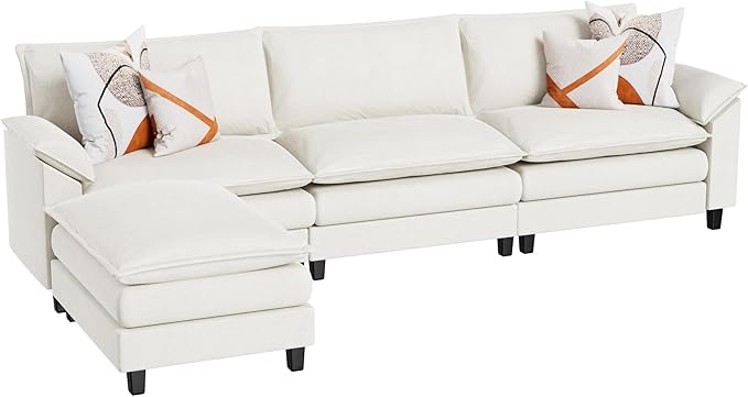 Flamaker Modular Sectional Sofa Couch Fabric Reversible L Shaped Sofa Couch Cloud Couch with Ottoman 3-Seat Sectional Sofa Couches for Living Room Apartment(White)