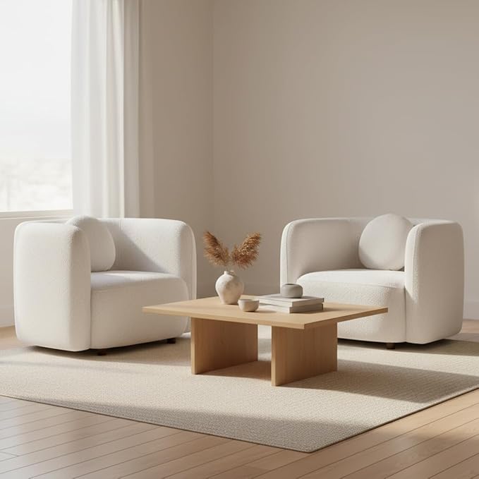 39 W Barrel Chairs Set of 2 Mid-Century Modern Boucle Accent Chairs with Armrests and Pillow Upholstered Barrel Sofa Chair Set for Living Room Bedroom Apartment No Assembly White