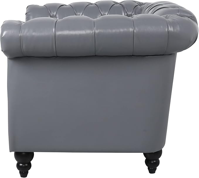 LEVNARY Leather Upholstered Armchair Mid-Century Modern Single Sofa Chair with Rolled Arms and Nailhead Tufted Pu Leather Chesterfield Chair for Home Bedroom Reading Room (Gray)