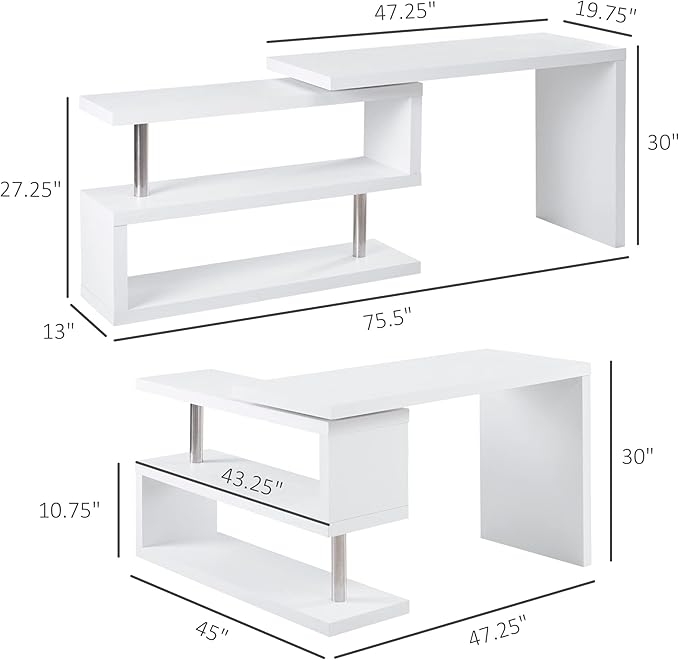 360 Degree Rotating Corner Computer Desk L Shaped Desk Home Office Workstation with 3 Tier Storage Shelves White
