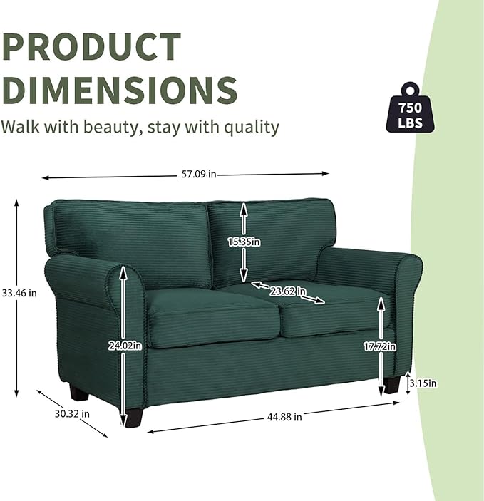 57 Loveseat Sofa Mid Century Modern Corduroy Couch with Thick Cushion 2 Seater Small Sofa for Living Room Bedroom Apartment Office Dark Green