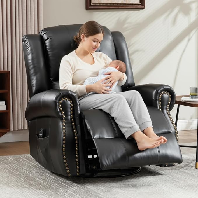 PELUMY Breathable Leather Swivel Rocking Recliner Chair for Adults 360° Swivel Glider Rocker with Heat &amp Vibrating Massage Lounge Chair for Living Room Bedroom Nursery (Black)
