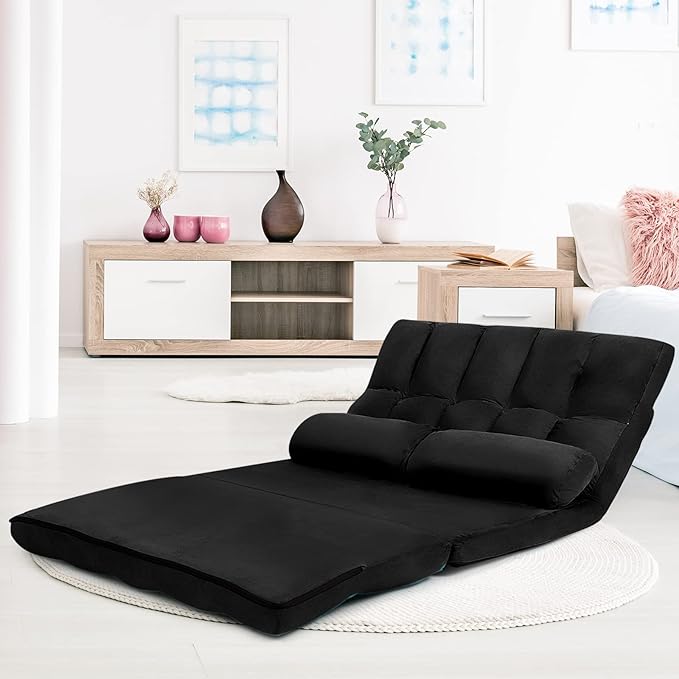 COSTWAY Floor Sofa Couch with 2 Pillows Foldable 6-Position Adjustable Lazy Sofa Bed Sleeper with Metal Frame Soft Suede Fabric Gaming Playing Lounge Recliner for Adults (Black)