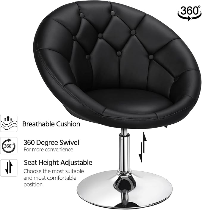 Yaheetech Adjustable Vanity Chair with Round Tufted Back Swivel Leather Salon Chair for Bedroom Living Room Office Black