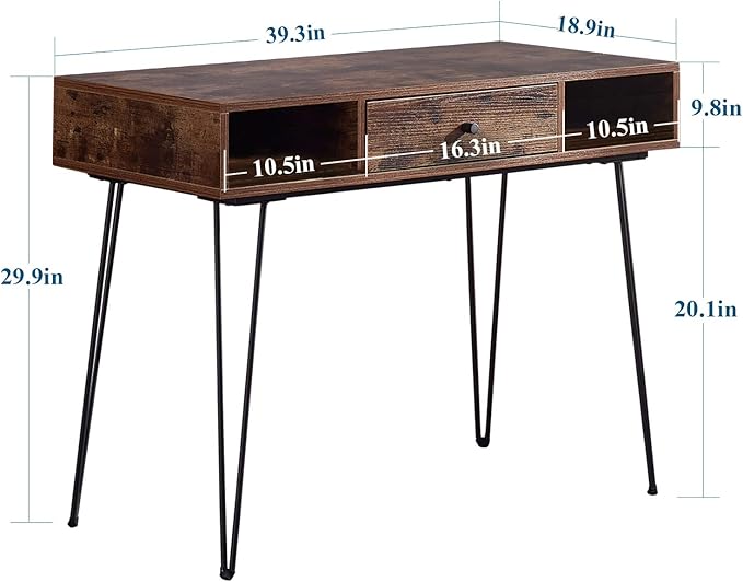 VECELO 39.3 Home Office Work Table with DrawersComputer Desk with Hairpin Leg for Writing/StudyRetro Brown