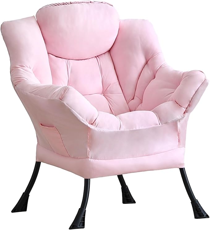 LITA Lazy Chair with Armrests and Side Pocket Modern Upholstered Accent Reading Chair for Living Room Bedroom Dorm Small Spaces Single Pink