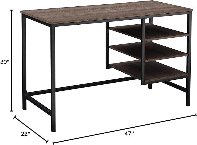 47 Modern Computer Desk Industrial Design Workstation with Wood Table Top Black Steel Frame and Shelves for Home Office Brown