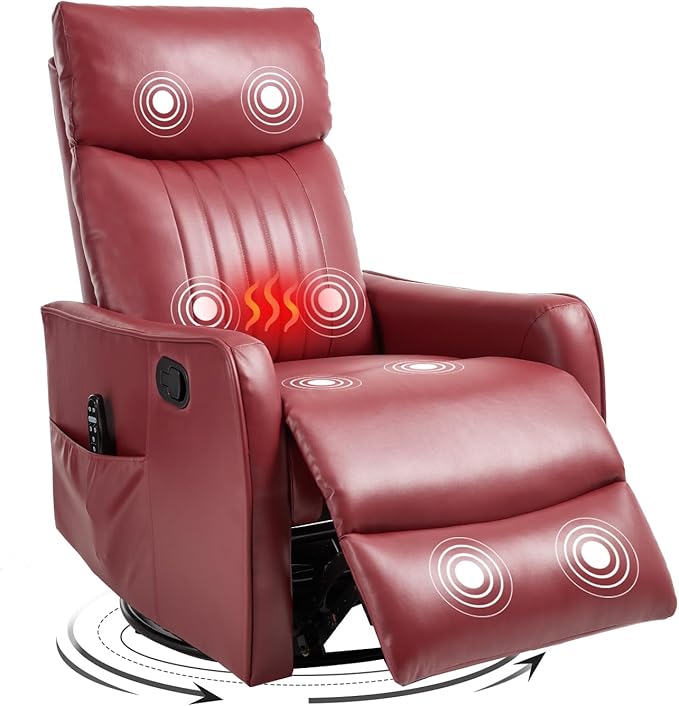 Swivel Rocker Recliner Chair 360° Swivel Recliner with Heat and Massage Rocker Recliner Nursery Glider Chair with Side Pockets for Living Room (Red Faux Leather)