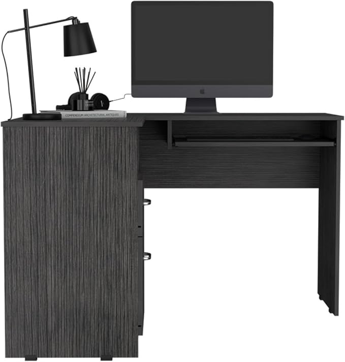 L-Shaped Corner Desk with Keyboard Shelf Smokey Oak Finish for Home Office Workspace