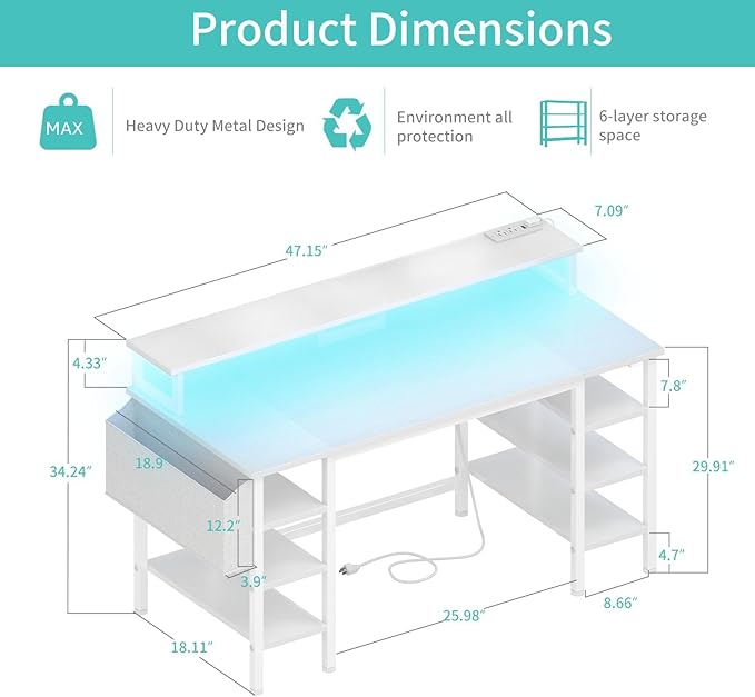 Lufeiya White Desk with Storage Shelves - 47 inch Home Office Gaming Desk with Monitor Stand Computer Desk with LED Lights and Power Outlets White