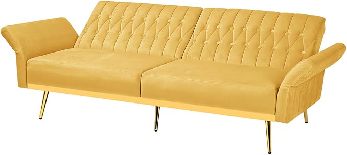 70 Velvet Futon with Adjustable Backrest and Armrests Sofa Bed with Extra Pillows for Waiting Room Living Room and Office Yellow