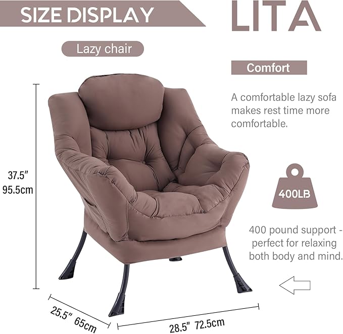 LITA Lazy Chair with Armrests and Side Pocket Modern Upholstered Accent Reading Chair for Living Room Bedroom Dorm Small Spaces Single Dark Brown