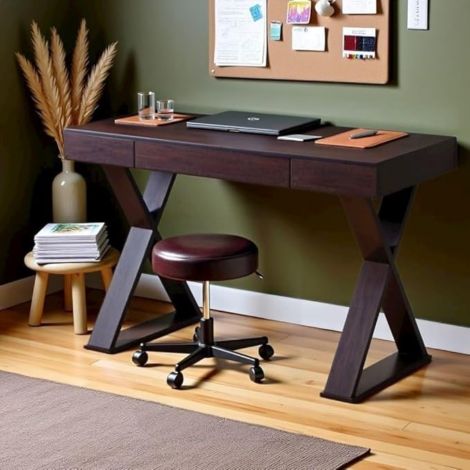Brown Home Office Desk with Center Drawer Stylish Espresso Modern Computer Desk with Wood Finish and X-Shaped Steel Support Frame