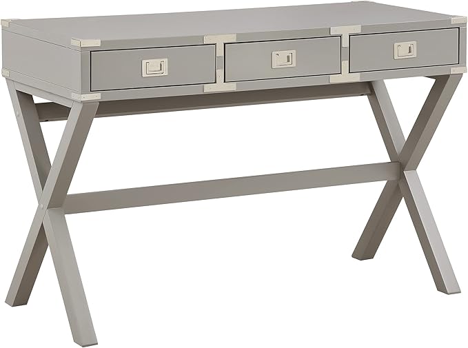 OSP Home Furnishings Wellington 46-Inch Writing Desk with Power Hub and 3 Storage Drawers Grey