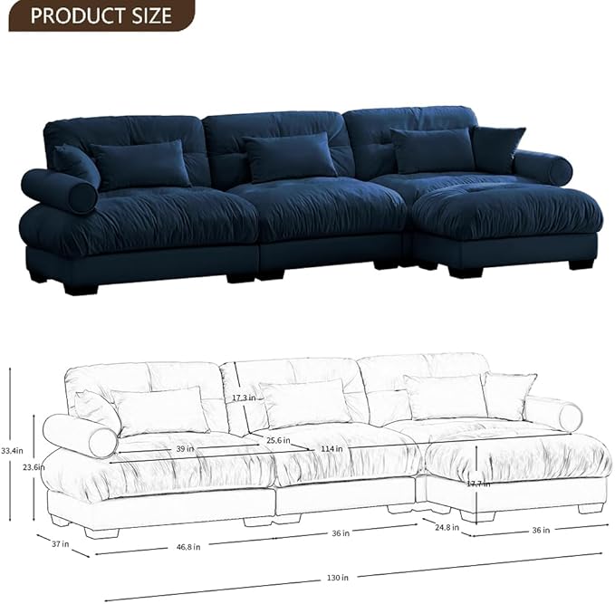 Modular Sectional Couches 130 Oversized L Shaped Sectional Sofa 3 Seater Modular Velvet Deep Seat Cloud Couch with Ottoman Large Fluffy Couch Set for Living Room (Dark Blue 3 Seat + 1 Ottoman)