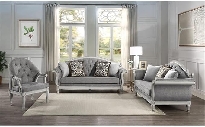 Pemberly Row Button Tufted Fabric &amp Wood Accent Chair Gray/Antique White Finish 41 H x 31 W x 32 D Foam Cushion Wooden Legs Transitional Style for Living Room or Family Room Seating