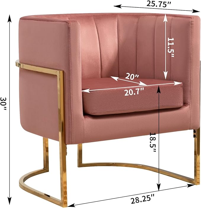 Velvet Modern Accent Chair Upholstered Barrel Armchair Mid Century with Pillow for Living Room Comfy Single Vanity Chair with Metal Gold Legs for Bedroom Pink