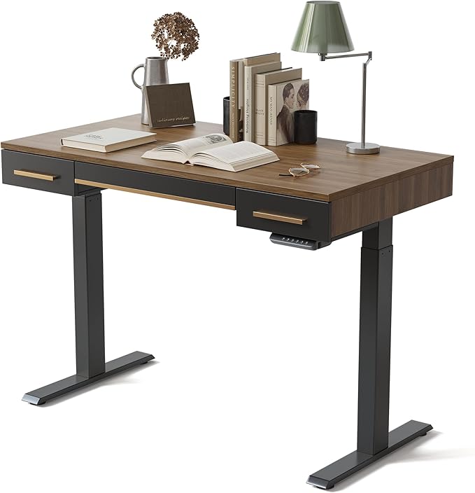 FEZIBO Mid Century Modern Electric Standing Desk with 3 Drawers 48 x 26 Inches Whole Piece Sit Stand Up Home Office Desk Black Walnut Top with Black Frame (2 Packages)