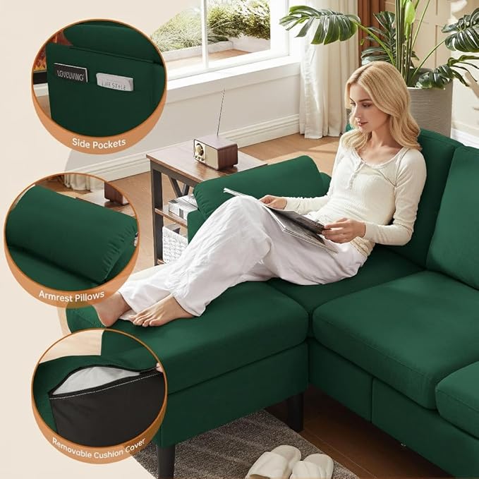 Convertible Sectional Sofa Set Modern L Shaped 3 Seat Sofa with Reversible Ottoman and Accent Chair Linen Sectional Couches for Living Room Green
