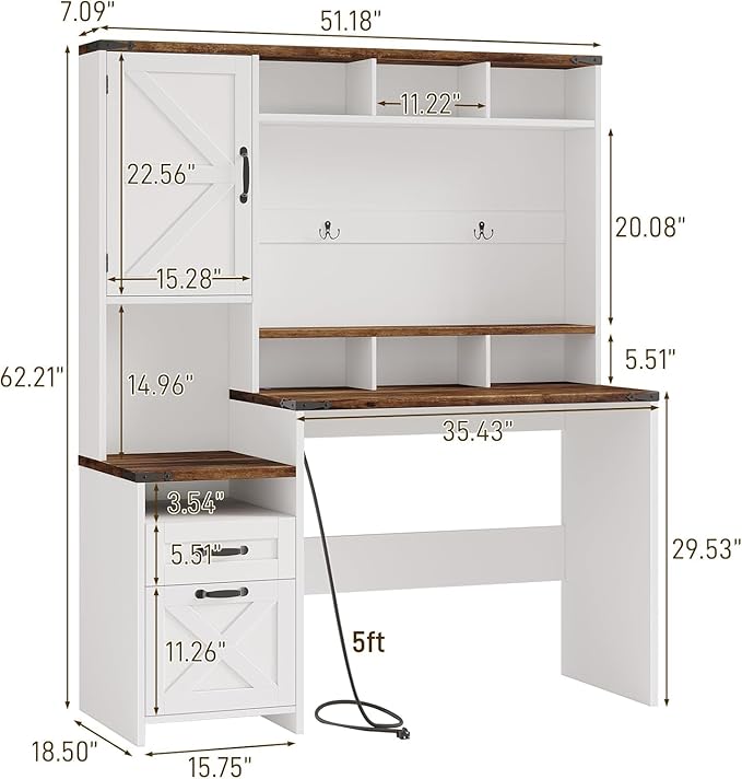 Farmhouse Executive Desk 51 Computer Desk with 2 Drawers Storage Cabinet and RGB LED Lights Power Outlets Wood Home Office Desk with Hutch and Monitor Stand for Work Study Writing Rustic White