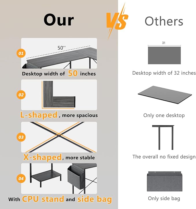 Living&ampGiving L Shaped Gaming Desk 49 Black Home OfficeBedroom Computer Table for Study Standing Executive Desk with CPU Storage Shelf &amp Side Bag Grey