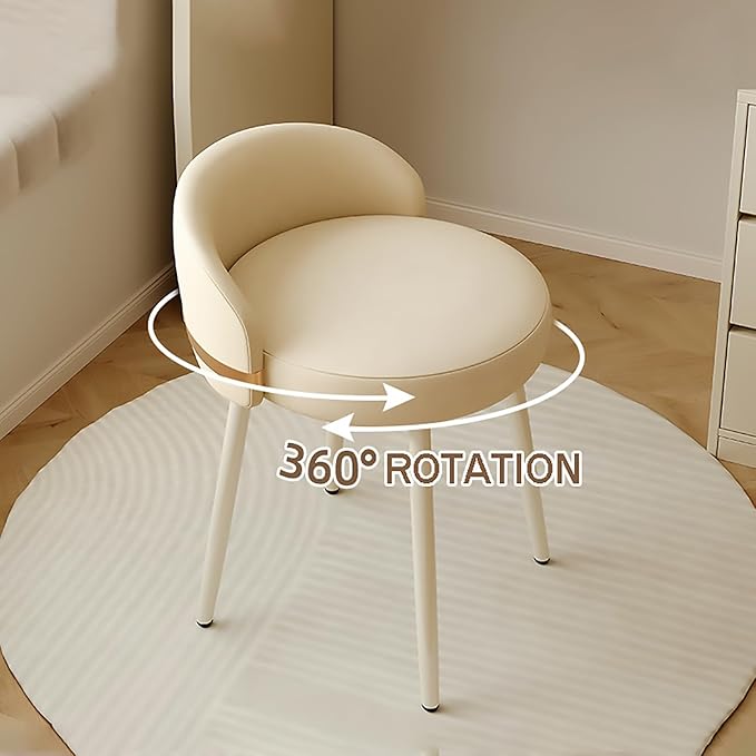 Vanity Chair for WomenComfy Accent Chair with Low Back Swivel White Pu Leather Upholstered Chair Makeup Stool for Bedroom Cloakroom Living Room Beige