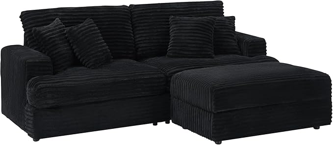 82 Inches Corduroy Square Arms Loveseat Sofa with One Storage Ottoman Comfy Deep Seat Modular Sectional Futon Couch with 4 Throw Pillows for Living Room Bedroom Office (Black)