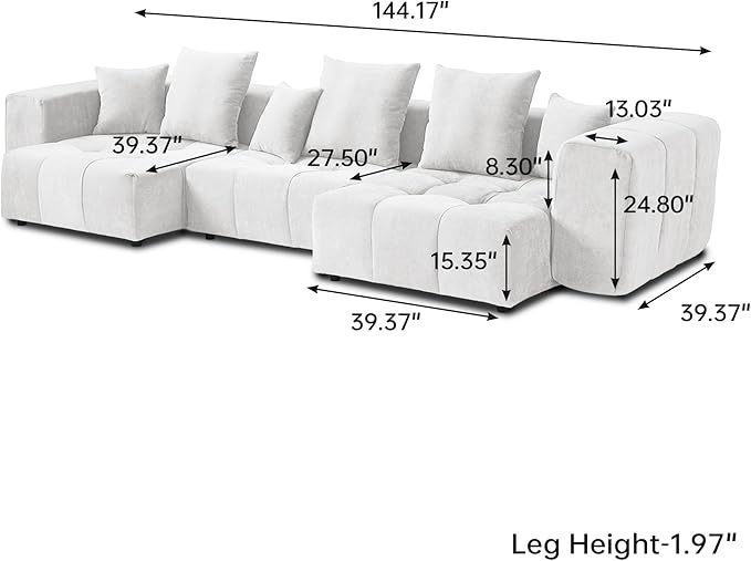 WJShome 144 Sectional Couches for Living RoomModular Sectional Sofa U Shaped Couch Linen Deep Seat Cloud Couches with Pillow for Living RoomWhite