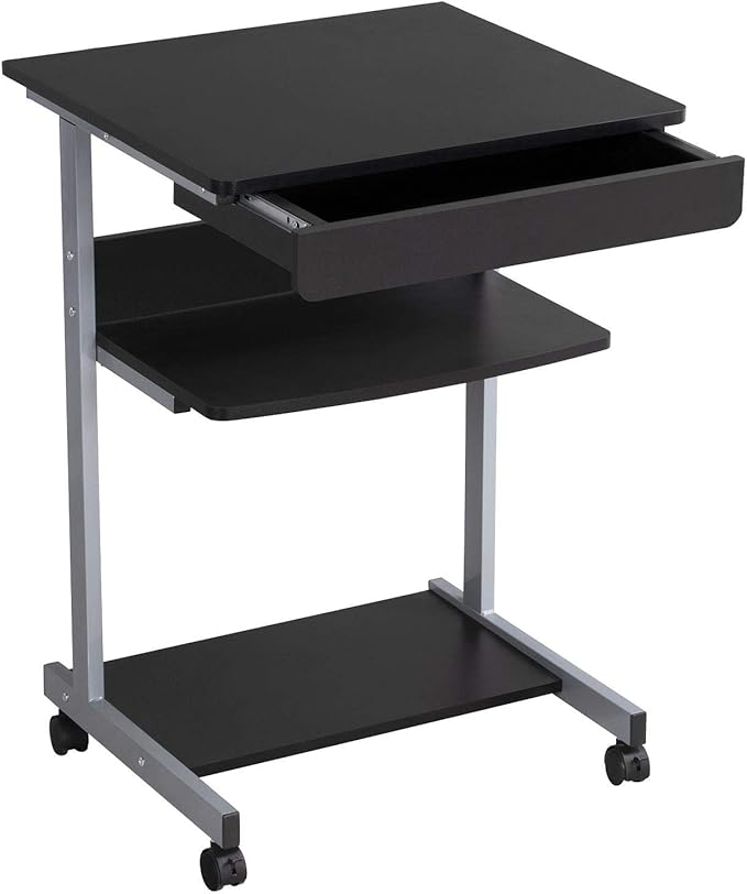 Yaheetech Mobile Computer Desk Cart Small Rolling Laptop Desk PC Table Workstation with Drawer and Printer Shelf Writing Desk Table for Small Space/Home Office