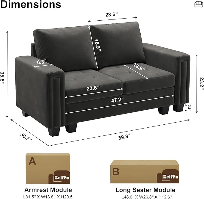 Belffin Velvet Modular Loveseat Sofa Couch 2 Seater Sofa Love Seats for Small Space Grey