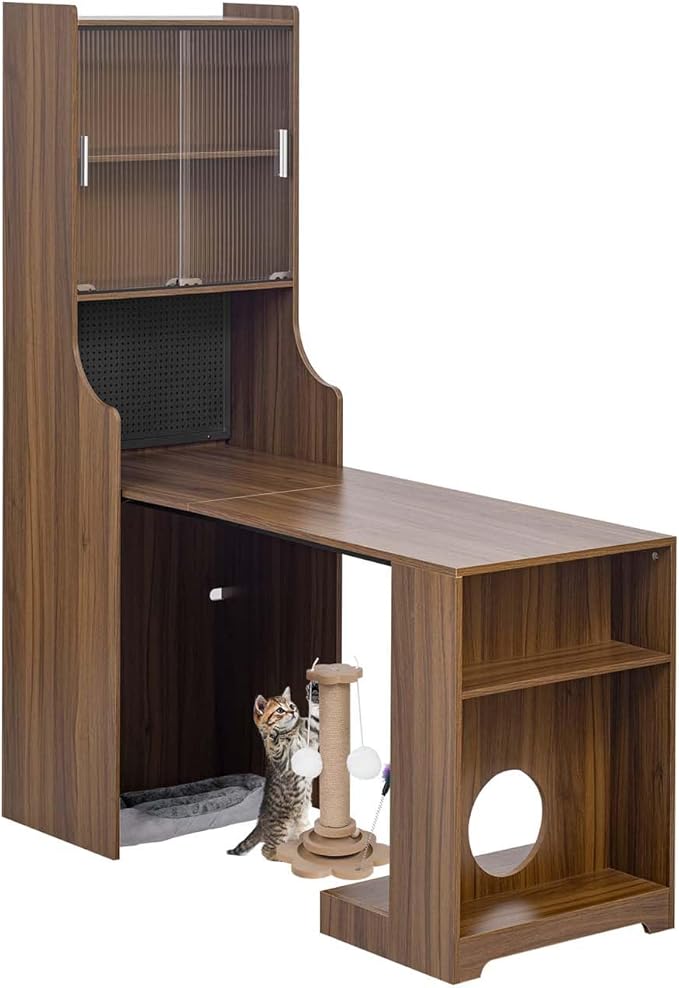 Folding Out Desk with Storage Expandable Hidden Desk Space-Saving Pull Out Murphy Table Writing Table with Shelves and Free Cat Bed for Home Office Bedroom Dorm Room Small Spaces (Walnut..)