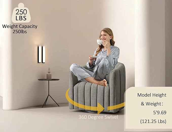 Swivel Accent ChairCuddle Modern Barrel ArmchairComfy Velvet Round Chair with Metal Base for Living Room Bedroom(Gray)