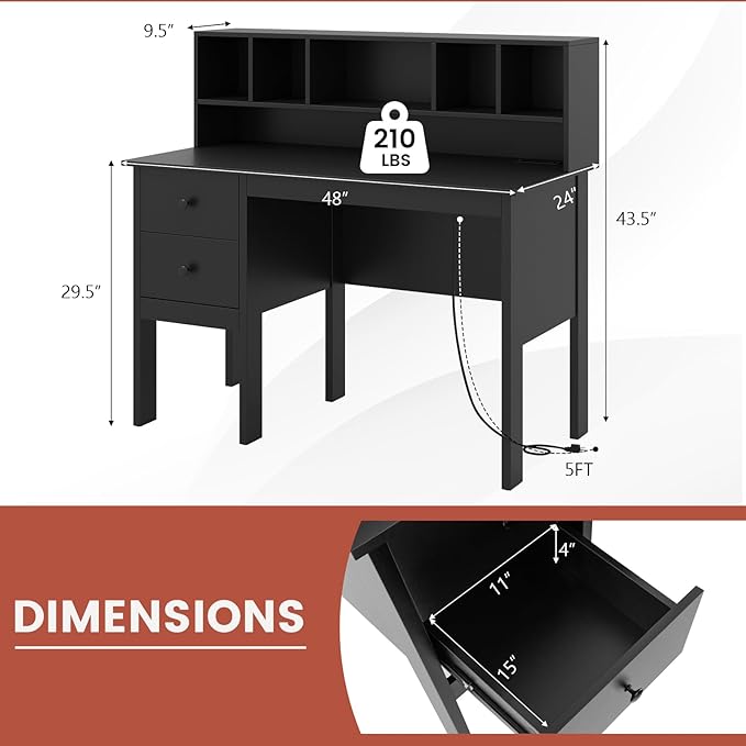 LDAILY Modern Home Office Desk with Hutch Office Desk with USB Charging Ports and Power Outlets Computer Desk with 5 Storage Cubbies and 2 Drawers Writing Study Desk for Bedroom (Black)