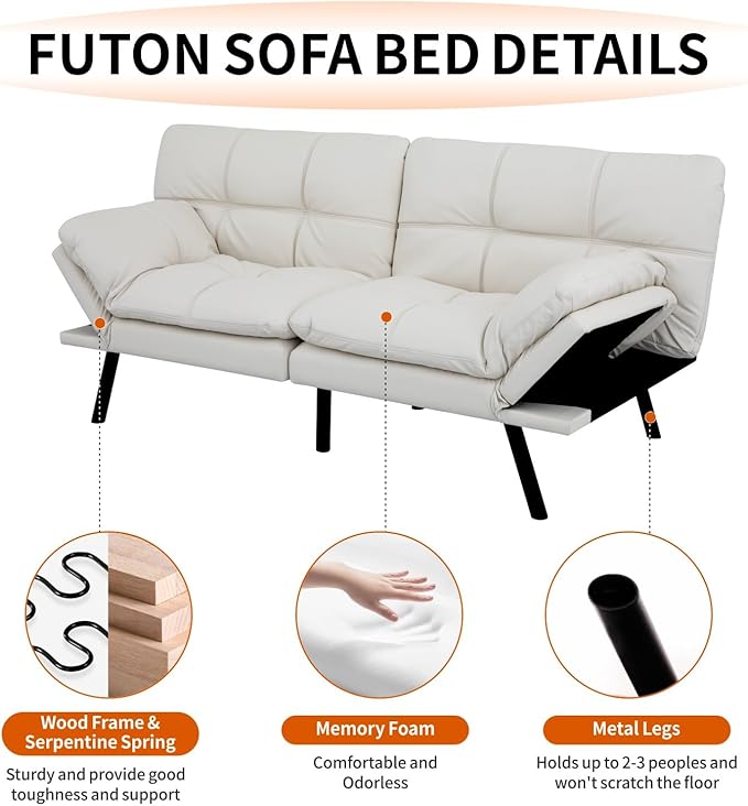 MUUEGM Futon Sofa Bed 71 Ivory Convertible Memory Foam Futon Couch Bed Modern Loveseat Sleeper with Adjustable Backrests Armrests for Living RoomSmall SpaceOffice