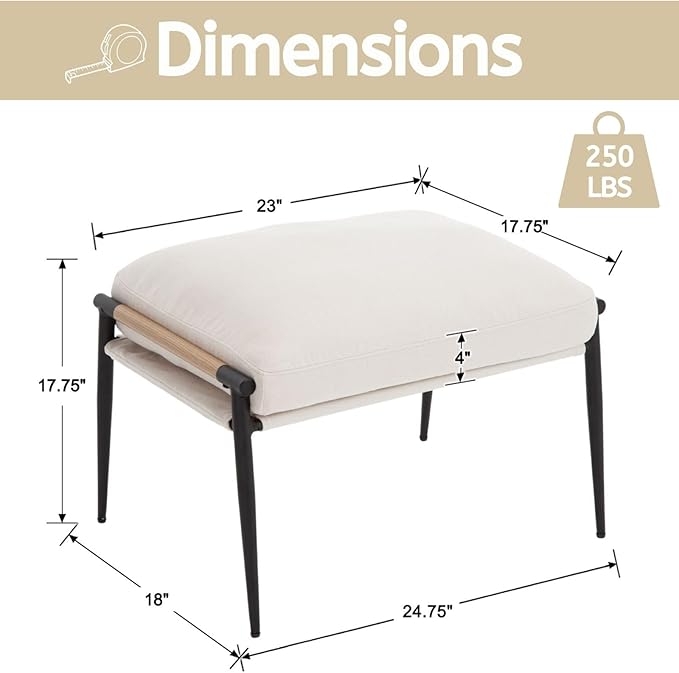 LukeAlon Upholstered Chenille Footstool Modern Ottoman Footrest Small Shoe Stool with Black Metal Legs Mid Century Vanity Stool with Wooden Armrests for Living Room Entrance Cushion Removable Beige