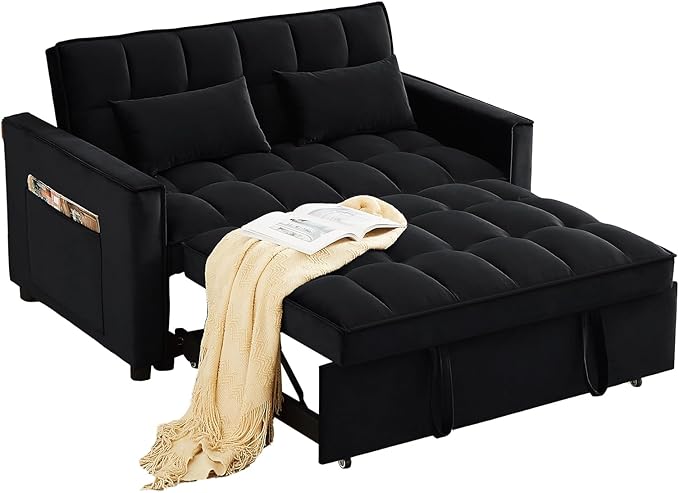 Antetek Convertible Sleeper Sofa Bed 3 in 1 Velvet Loveseat Futon Sofa Couch with Pullout Bed Black 54