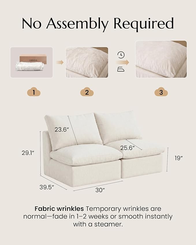 High Back Boneless Cloud Couch Luxury Chenille Modular Cloud Sofa No Assembly Boneless Couch with Removable Covers No Assembly Two Middle Modules Warm White