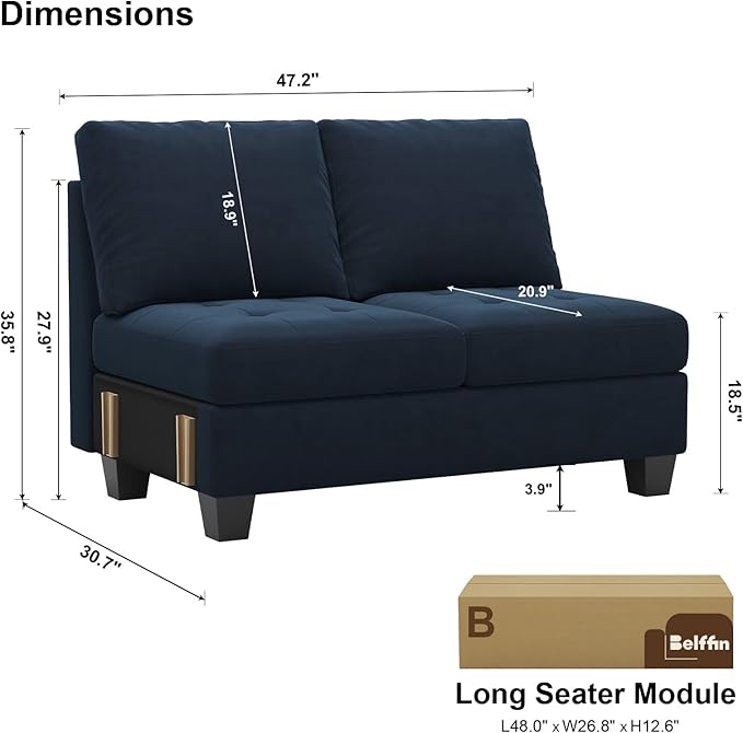 Belffin Velvet Long 2-Seat Module for Modular Sofa Sectional Couch Accent Armless 2 Seater Sofa Couch Chair Modern Fabric Blue