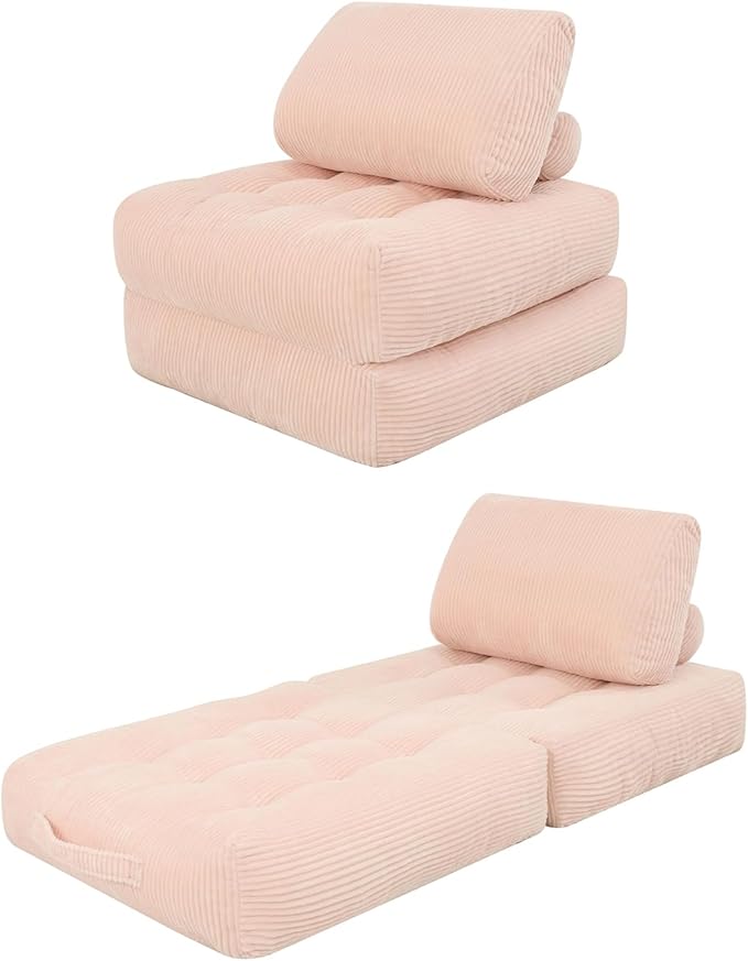 Blue Folding Sofa Bed - Convertible Sleeper Chair with Pillow &amp Back Support Comfy Foldable Mattress Portable Futon Fold Out Chair Bed for Living Room/Bedroom/Apartment (Pink)